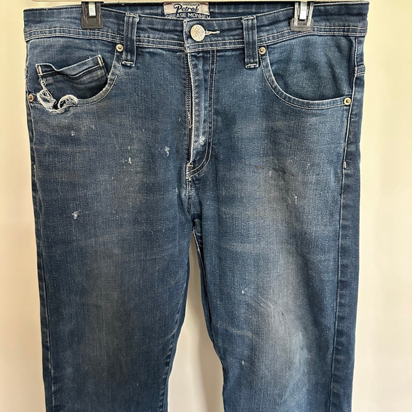 VTG Men's Petrol Grease Monkey Slim Straight Distressed Jeans Size 34 Blue Denim - Picture 1 of 10